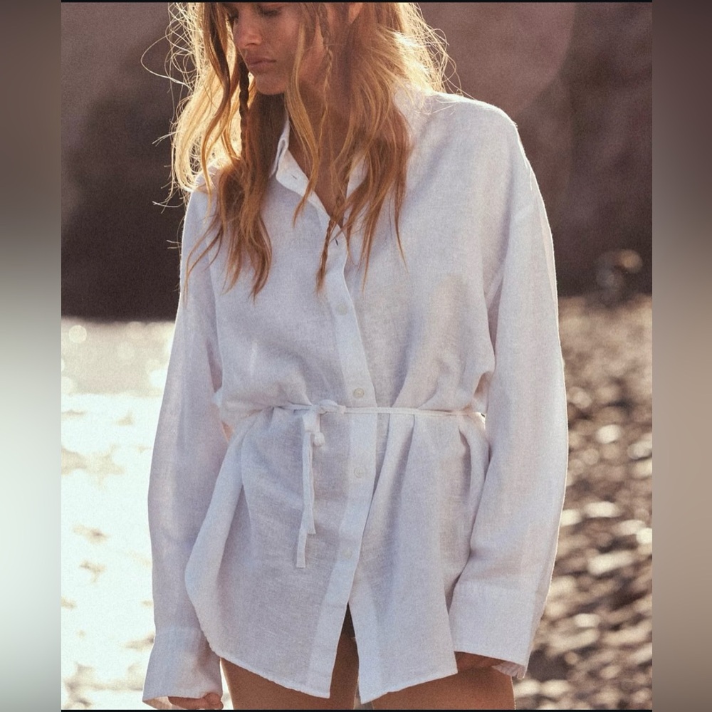 Zara OVERSIZED LINEN BLEND SHIRT white color